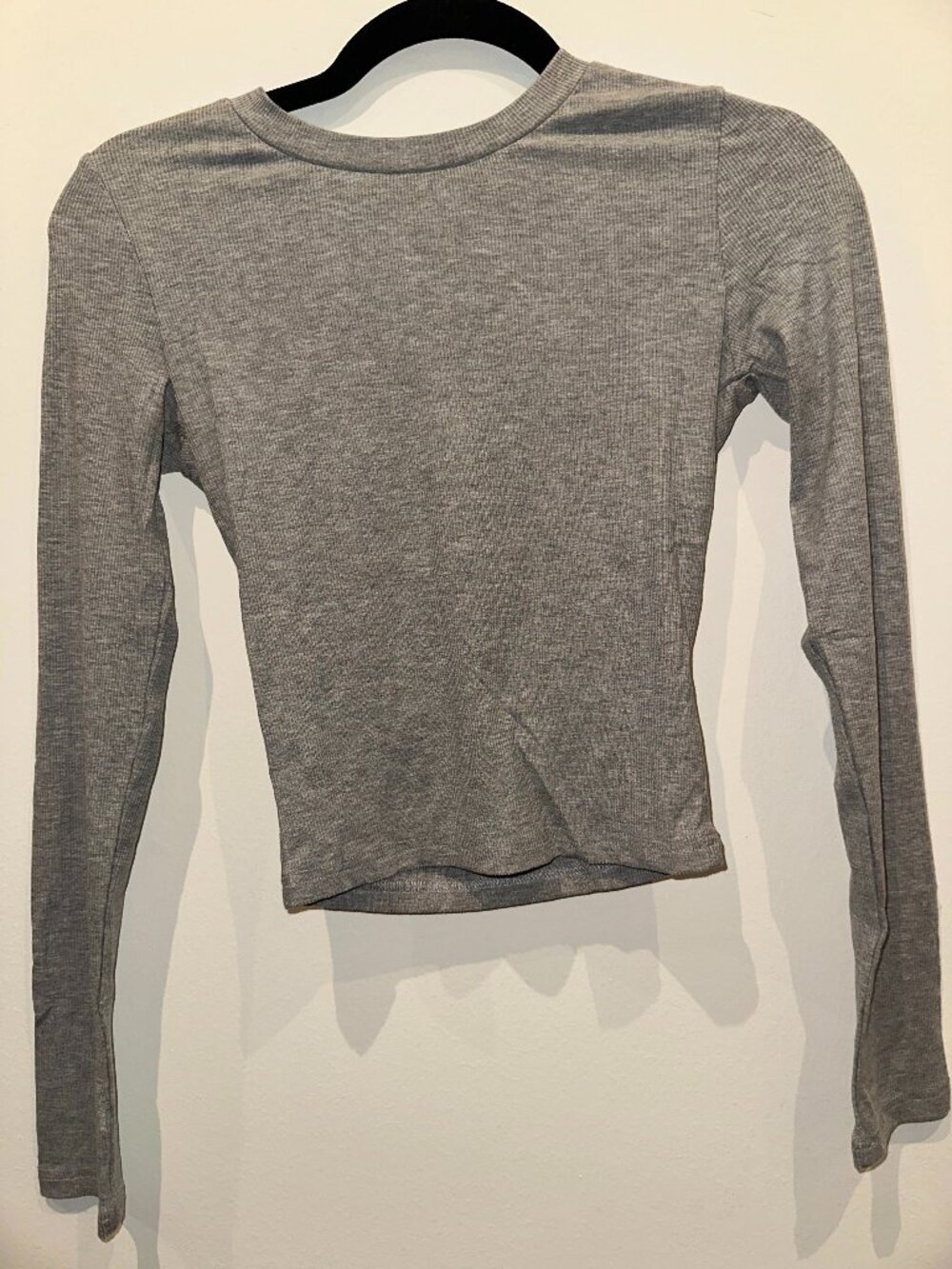 Grey Ribbed Long Sleeve Cropped Top Basic Tee